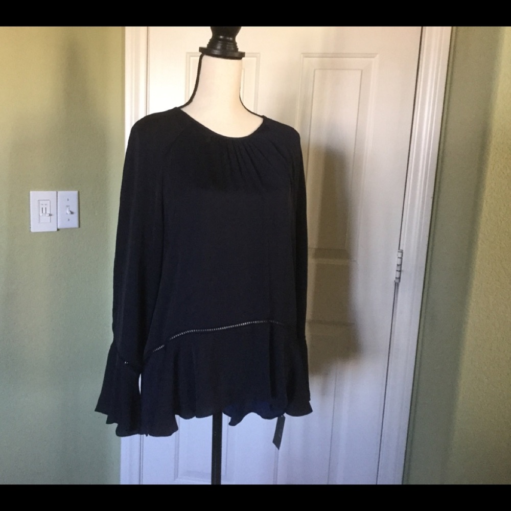 Navy, Silky Long Sleeve Ruffle Blouse
